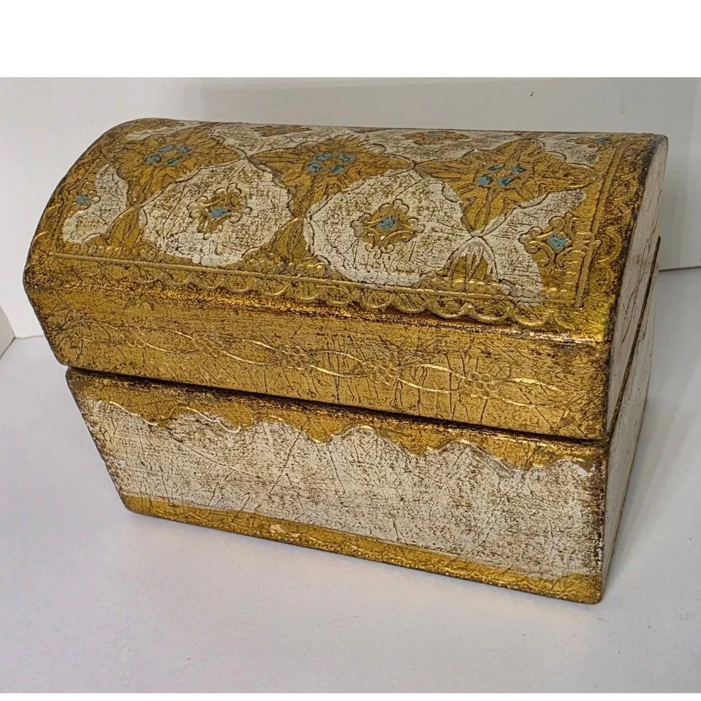 Vintage Florentine Italian Gilt Wood Jewelry Box Gold Leaf Domed Trinket Chest